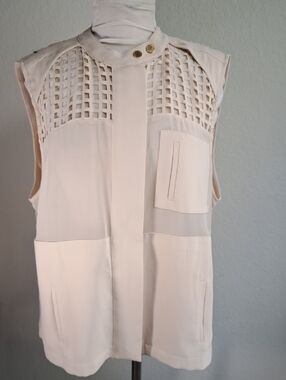 Chico’s Black Label Women’s Vest Lattice Laser Cut Sleeveless Cream Zipper XL